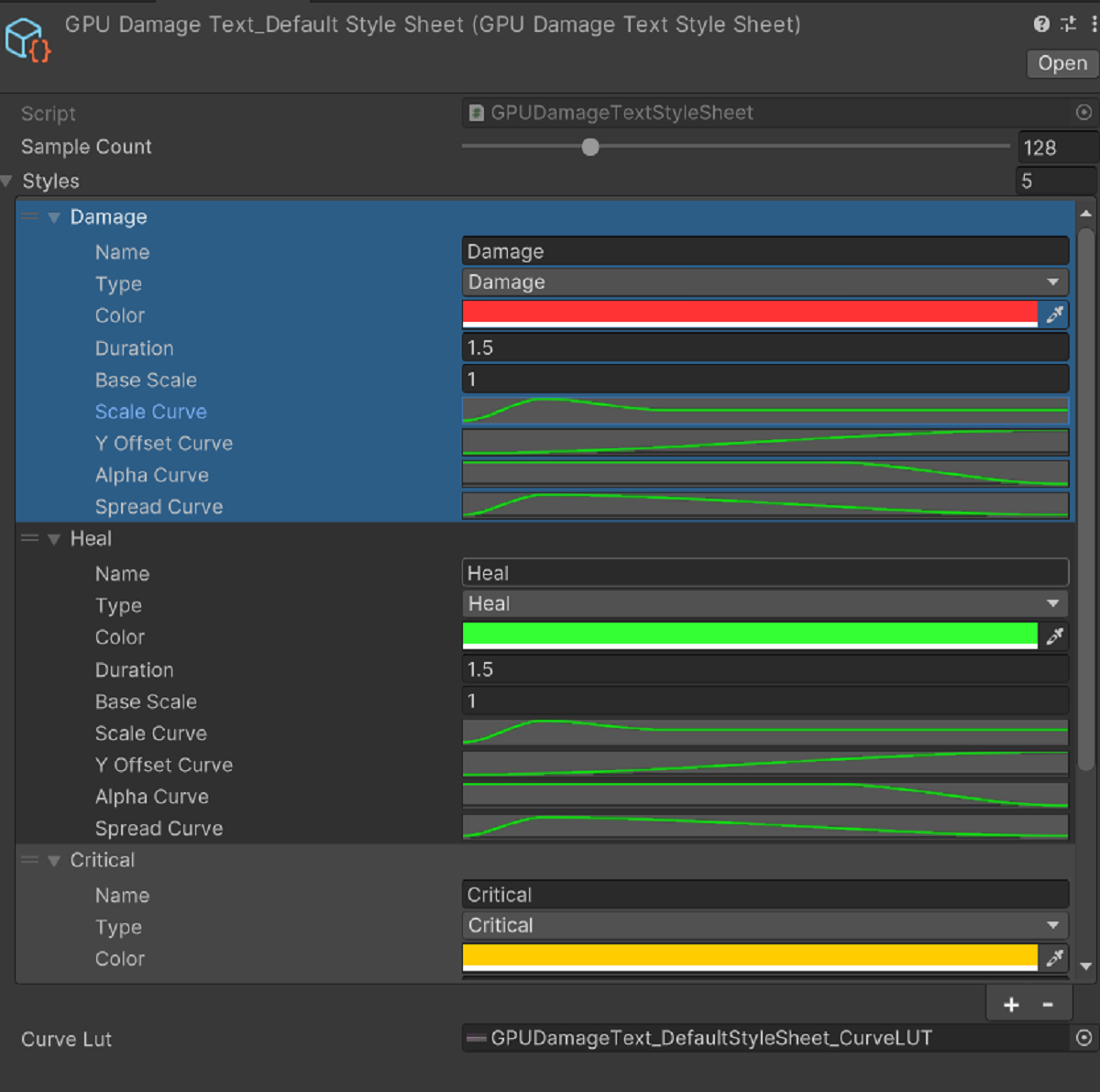 Unity style sheet editor showing colors and animation curves